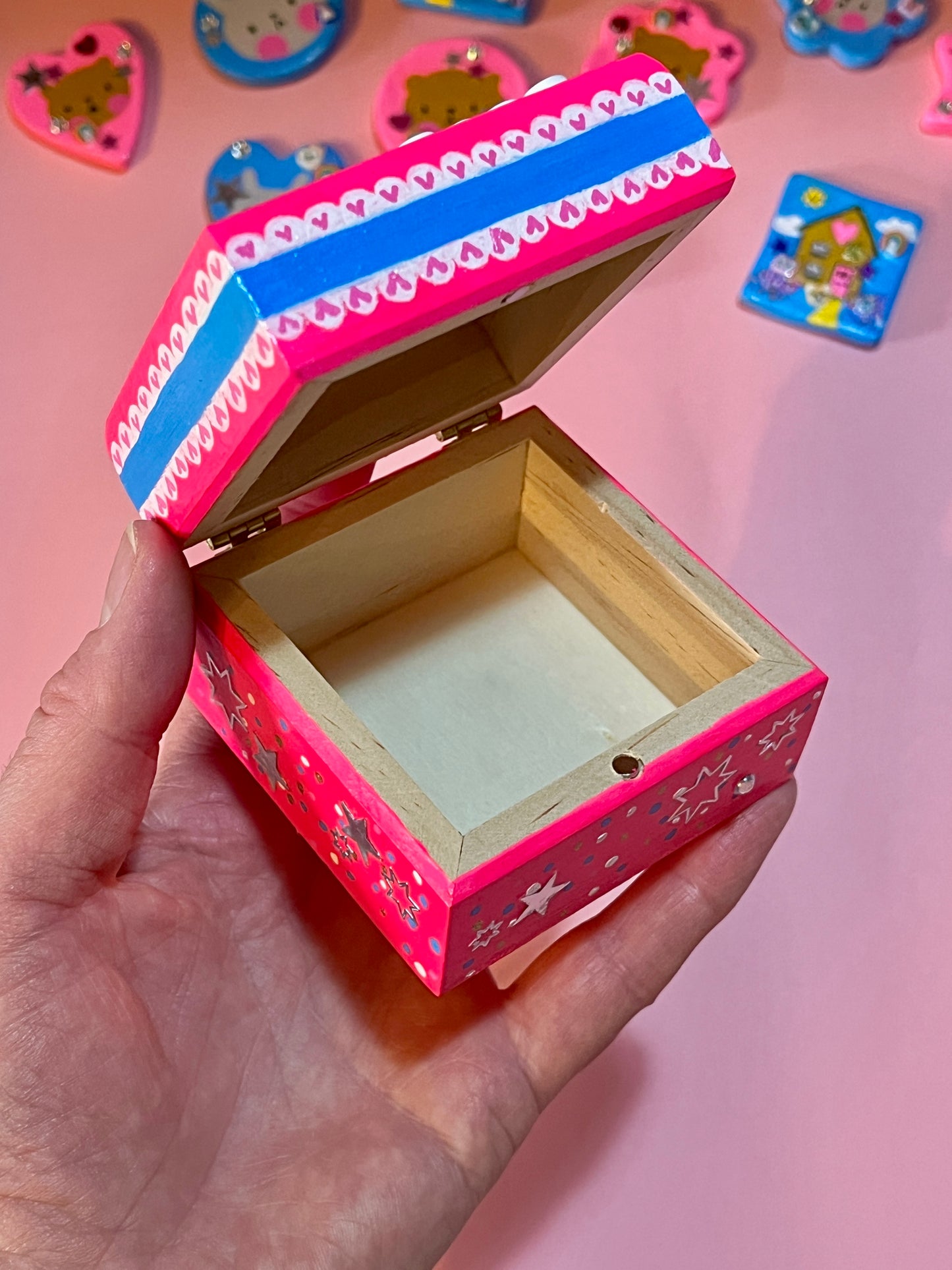 Hand Painted Cute Pink Celebration Bear Wooden Trinket Box
