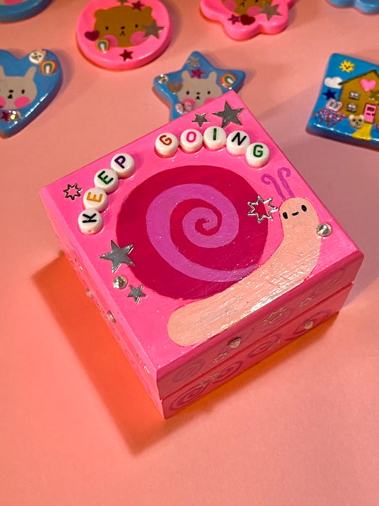Hand Painted Cute Pink Motivational Snail Wooden Trinket Box