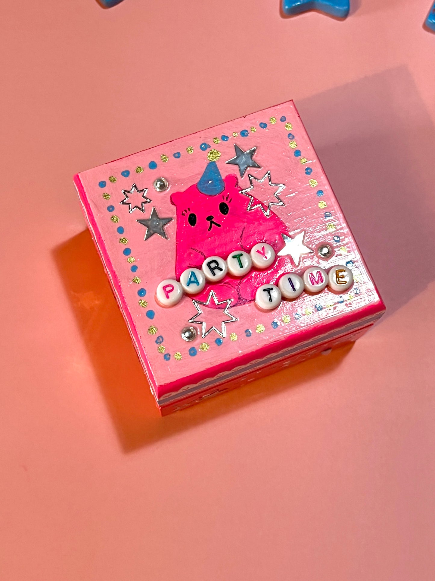 Hand Painted Cute Pink Celebration Bear Wooden Trinket Box