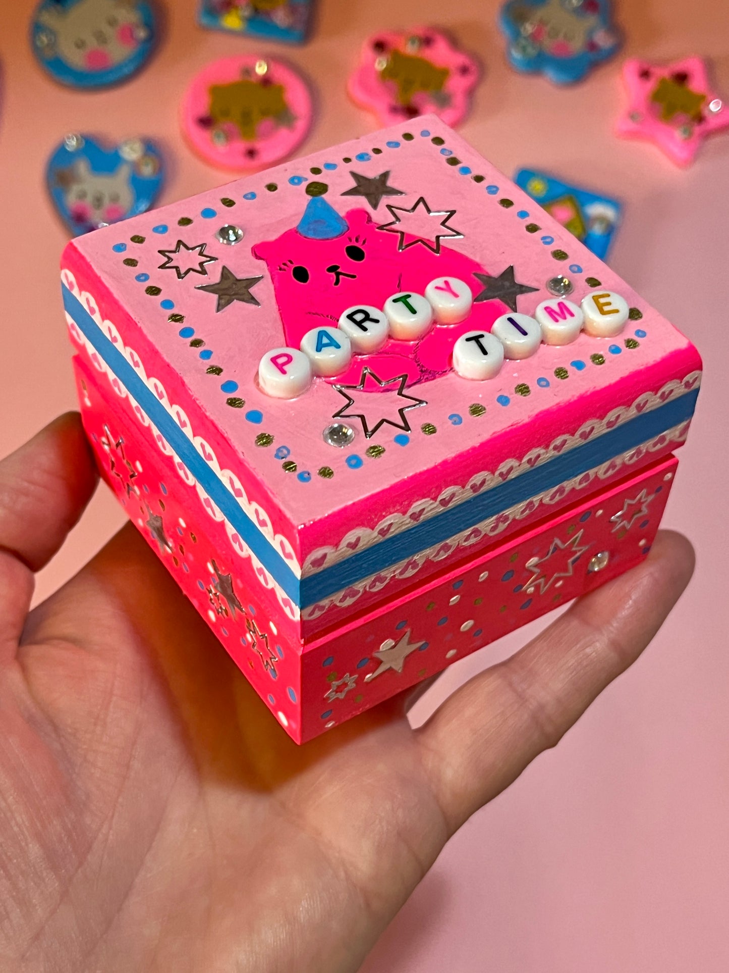 Hand Painted Cute Pink Celebration Bear Wooden Trinket Box