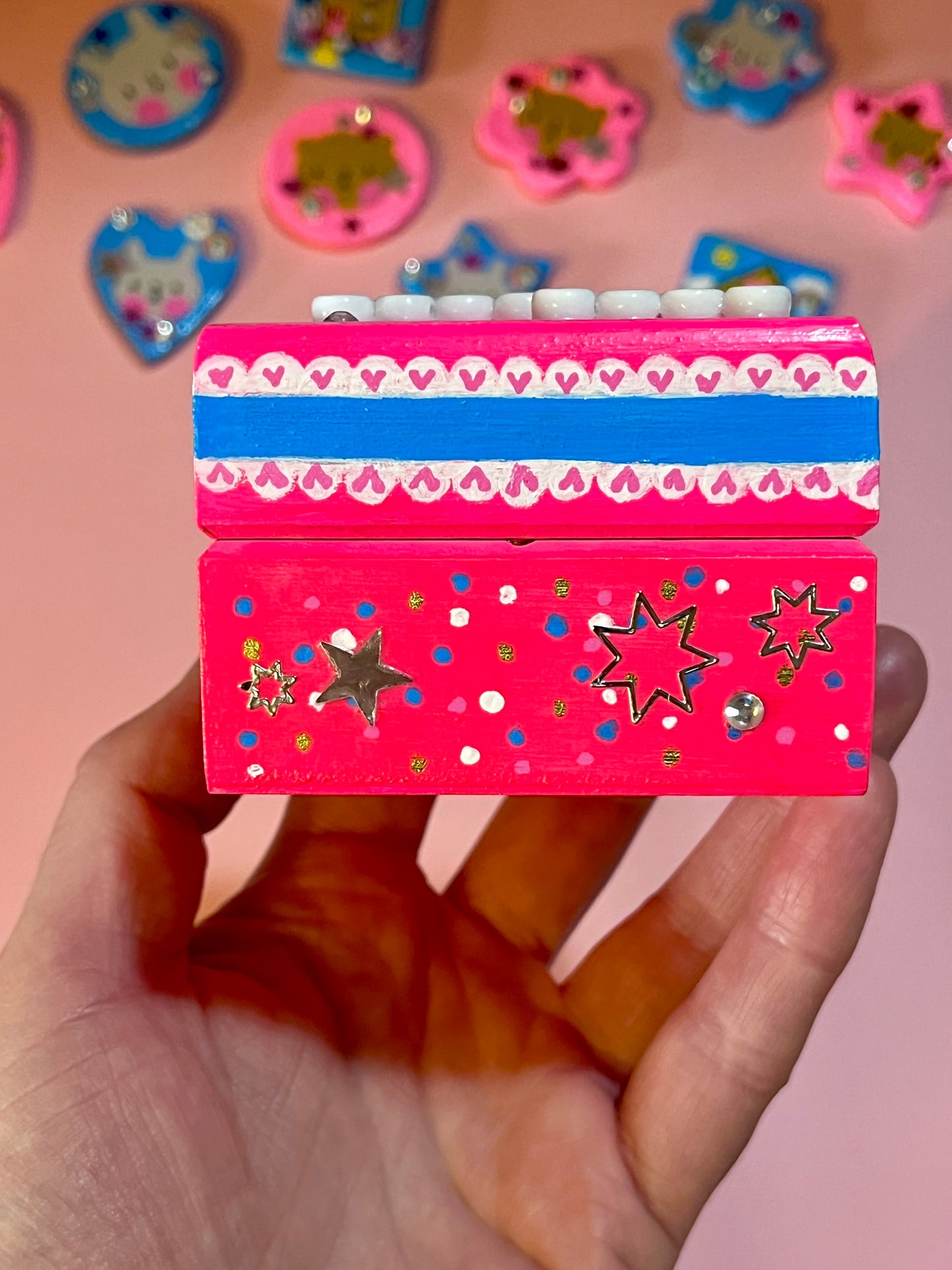 Hand Painted Cute Pink Celebration Bear Wooden Trinket Box