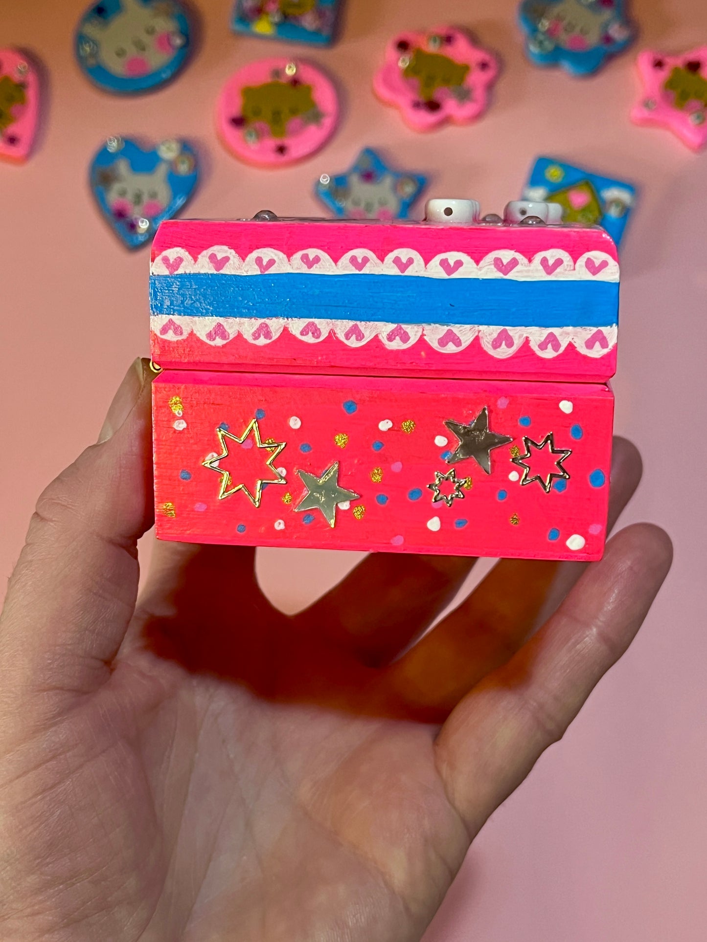 Hand Painted Cute Pink Celebration Bear Wooden Trinket Box
