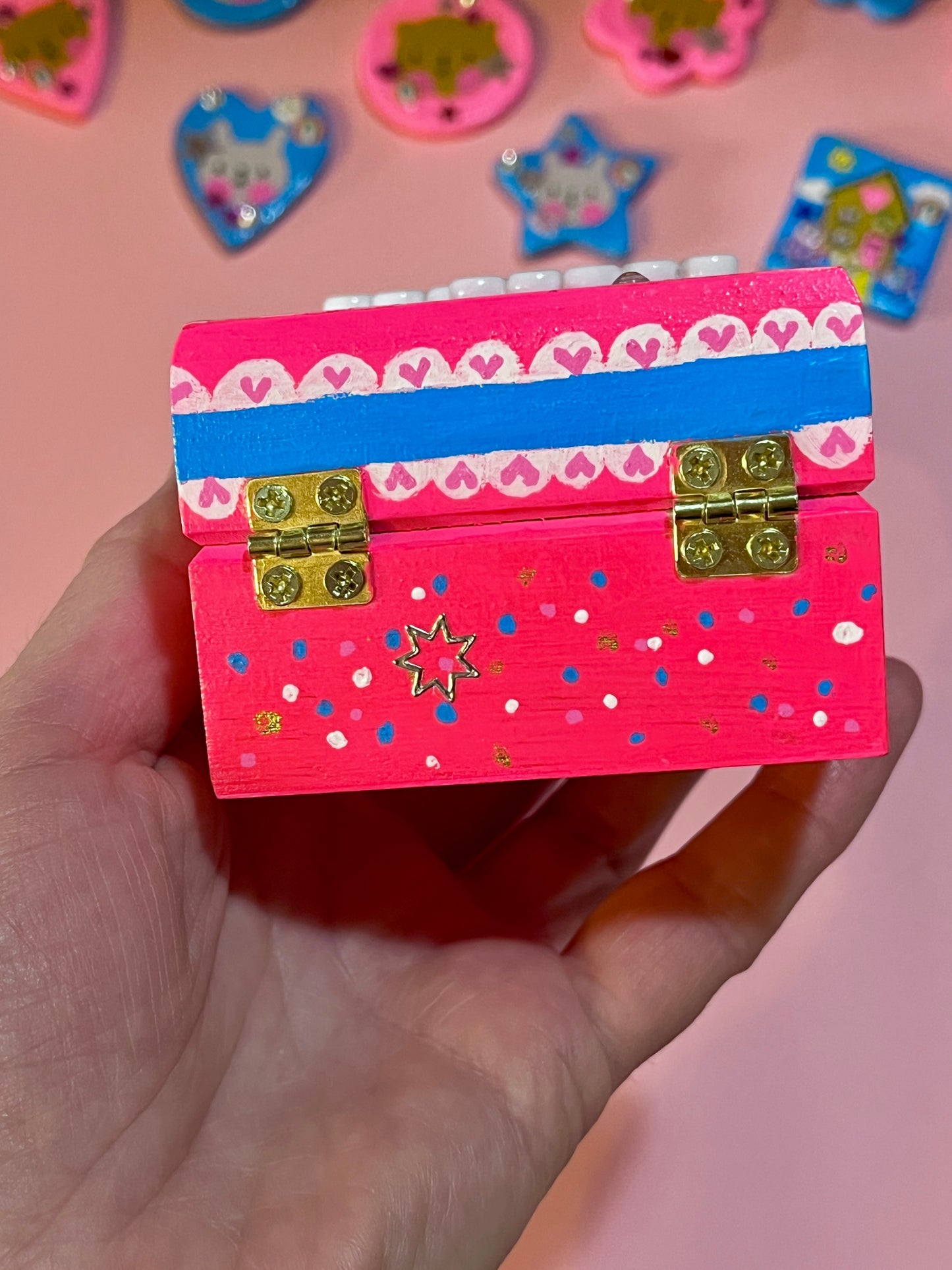 Hand Painted Cute Pink Celebration Bear Wooden Trinket Box
