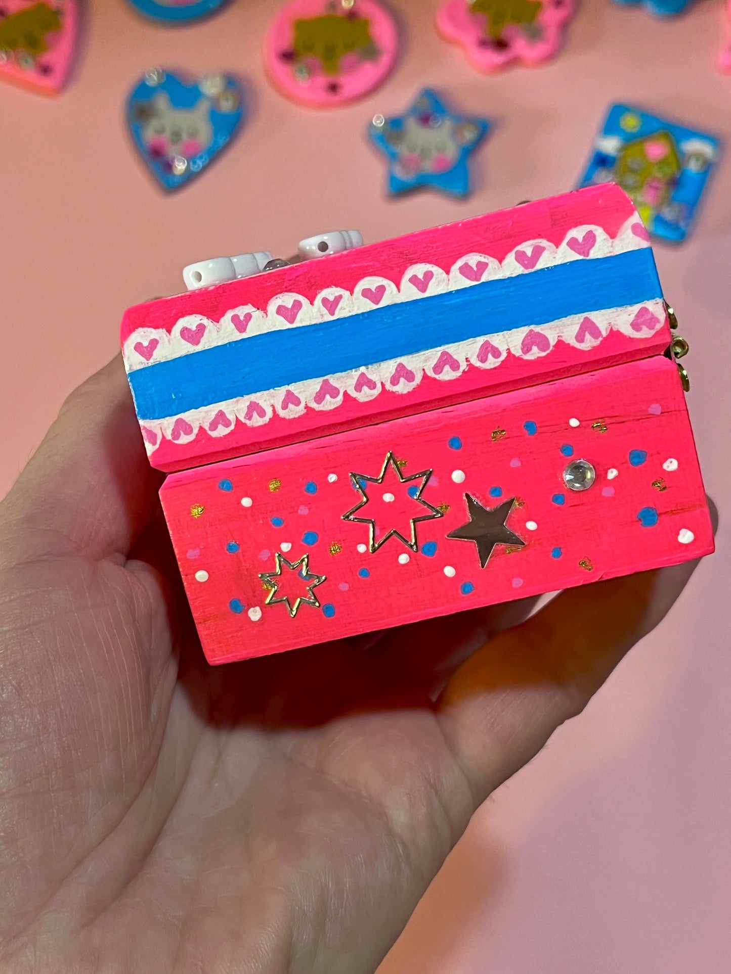 Hand Painted Cute Pink Celebration Bear Wooden Trinket Box