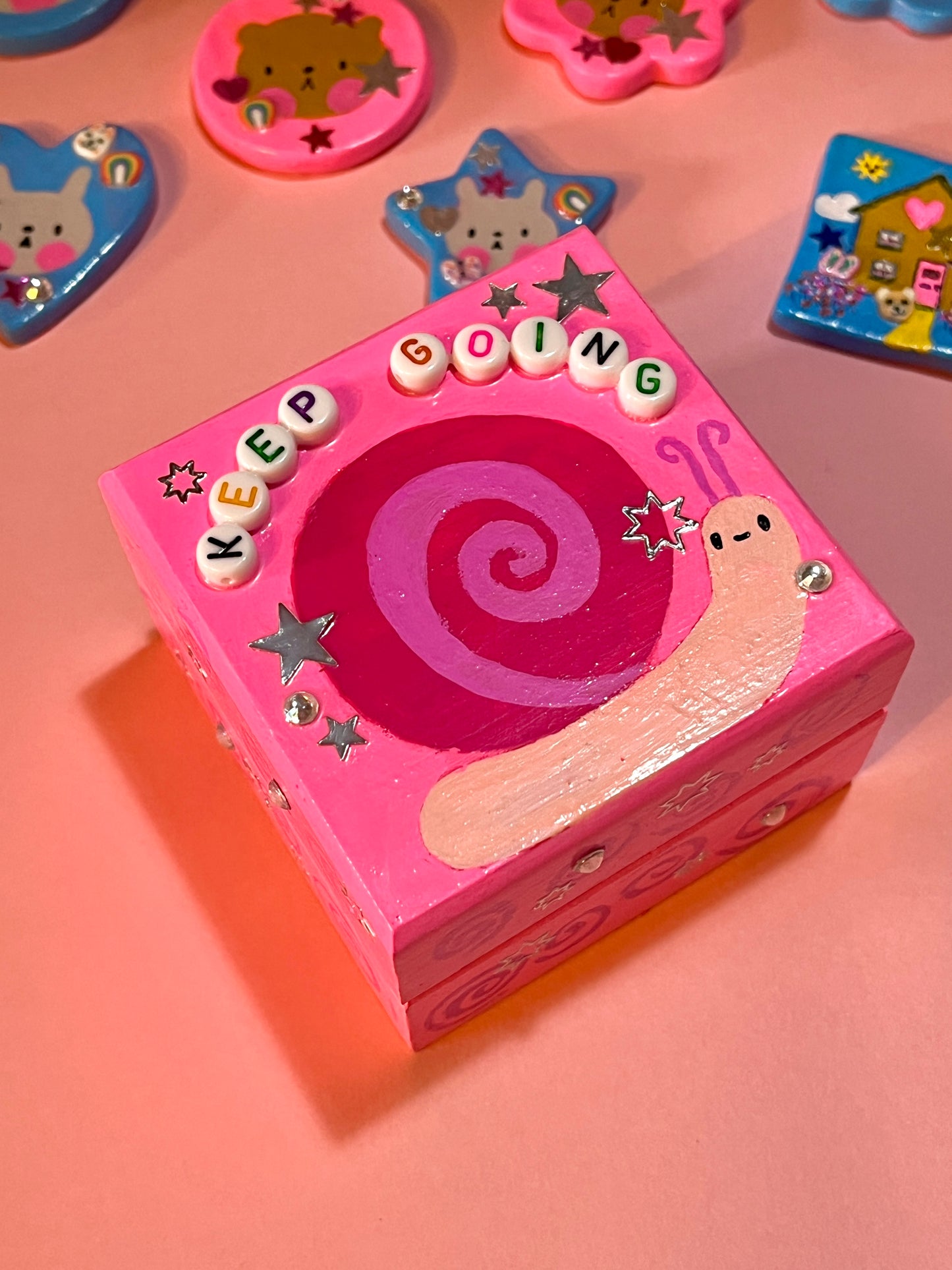 Hand Painted Cute Pink Motivational Snail Wooden Trinket Box