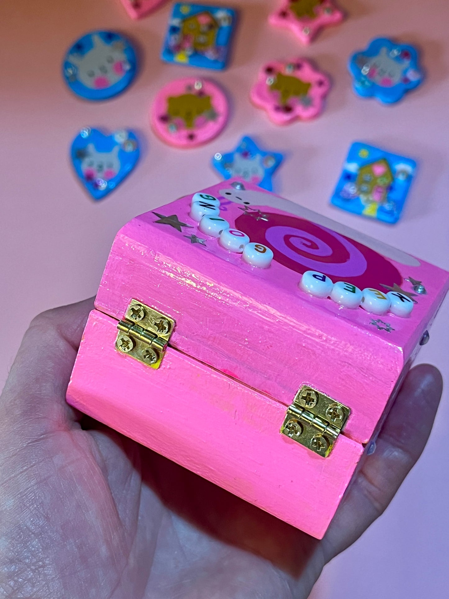 Hand Painted Cute Pink Motivational Snail Wooden Trinket Box