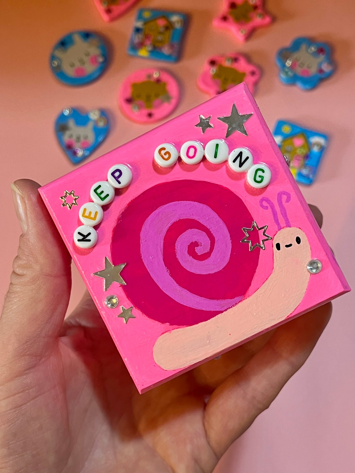 Hand Painted Cute Pink Motivational Snail Wooden Trinket Box